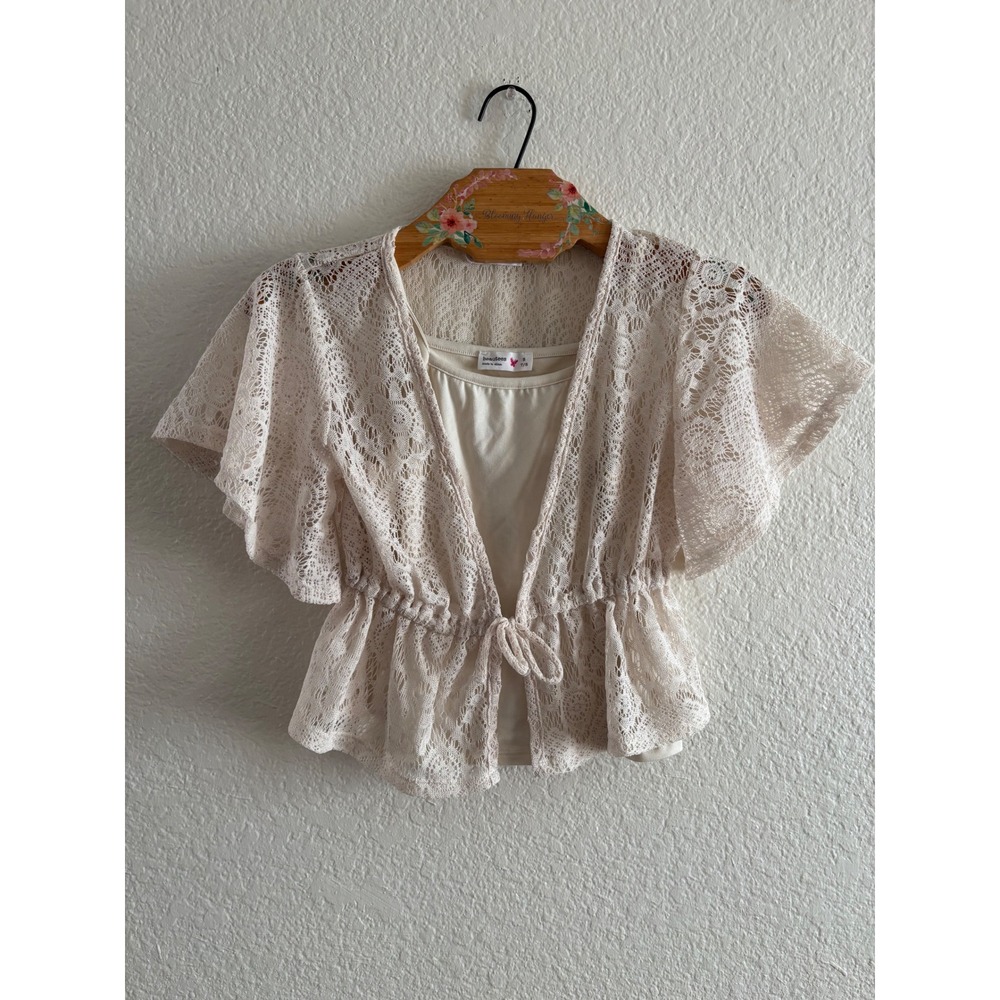 Beautees Lace Cardigan and Cami Set Size 7/8 Cream Peplum Flutter Sleeve Boho